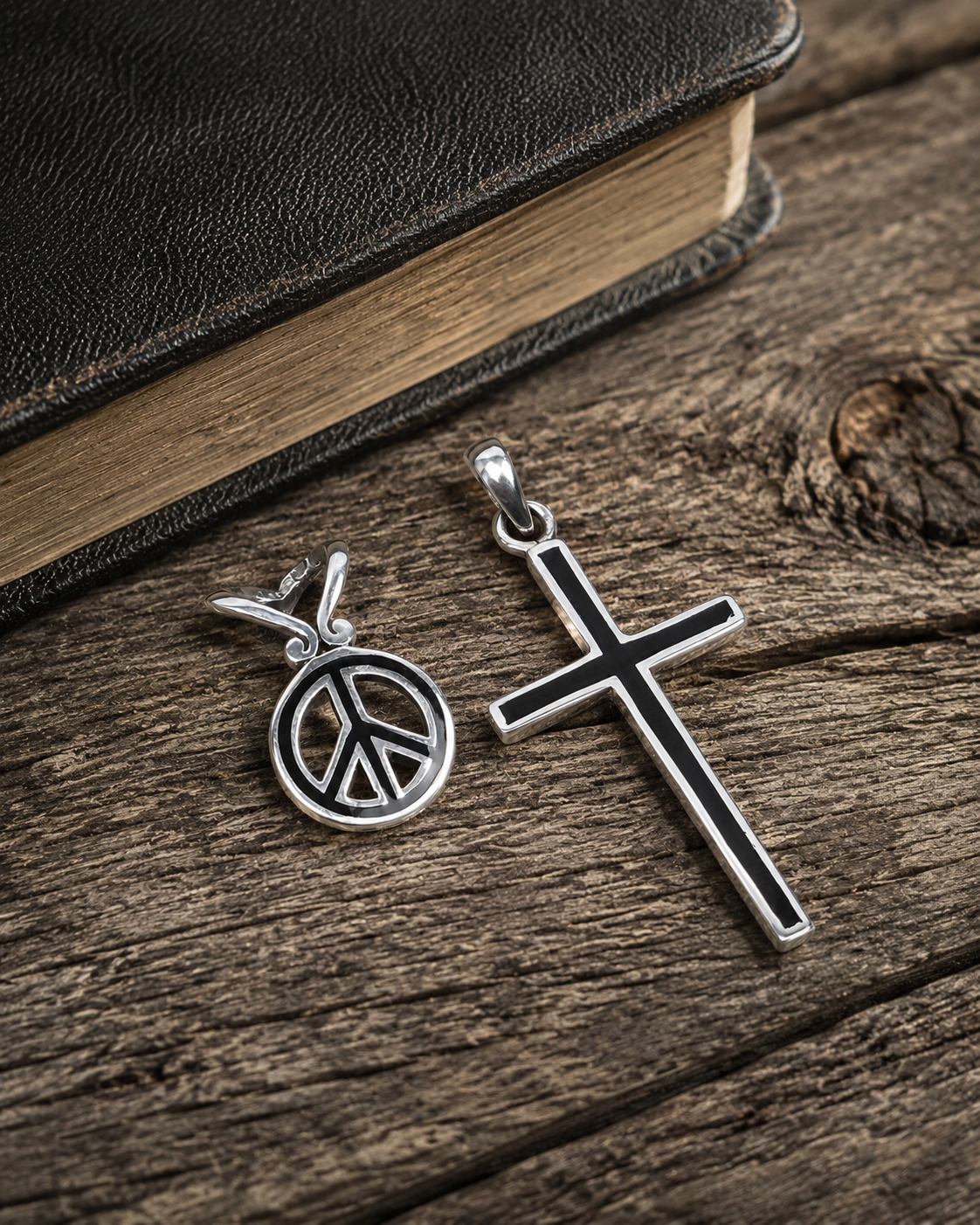 Sterling Silver Cross & Peace Pendant  | Solid 925 Silver with Black Onyx Inlay