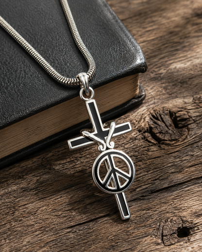 Sterling Silver Cross & Peace Pendant  | Solid 925 Silver with Black Onyx Inlay