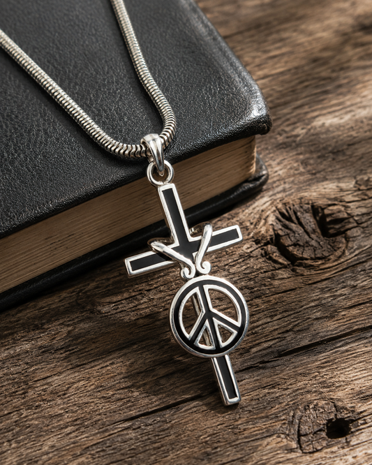 Sterling Silver Cross & Peace Pendant  | Solid 925 Silver with Black Onyx Inlay