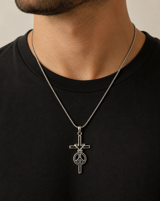 Sterling Silver Cross & Peace Pendant  | Solid 925 Silver with Black Onyx Inlay