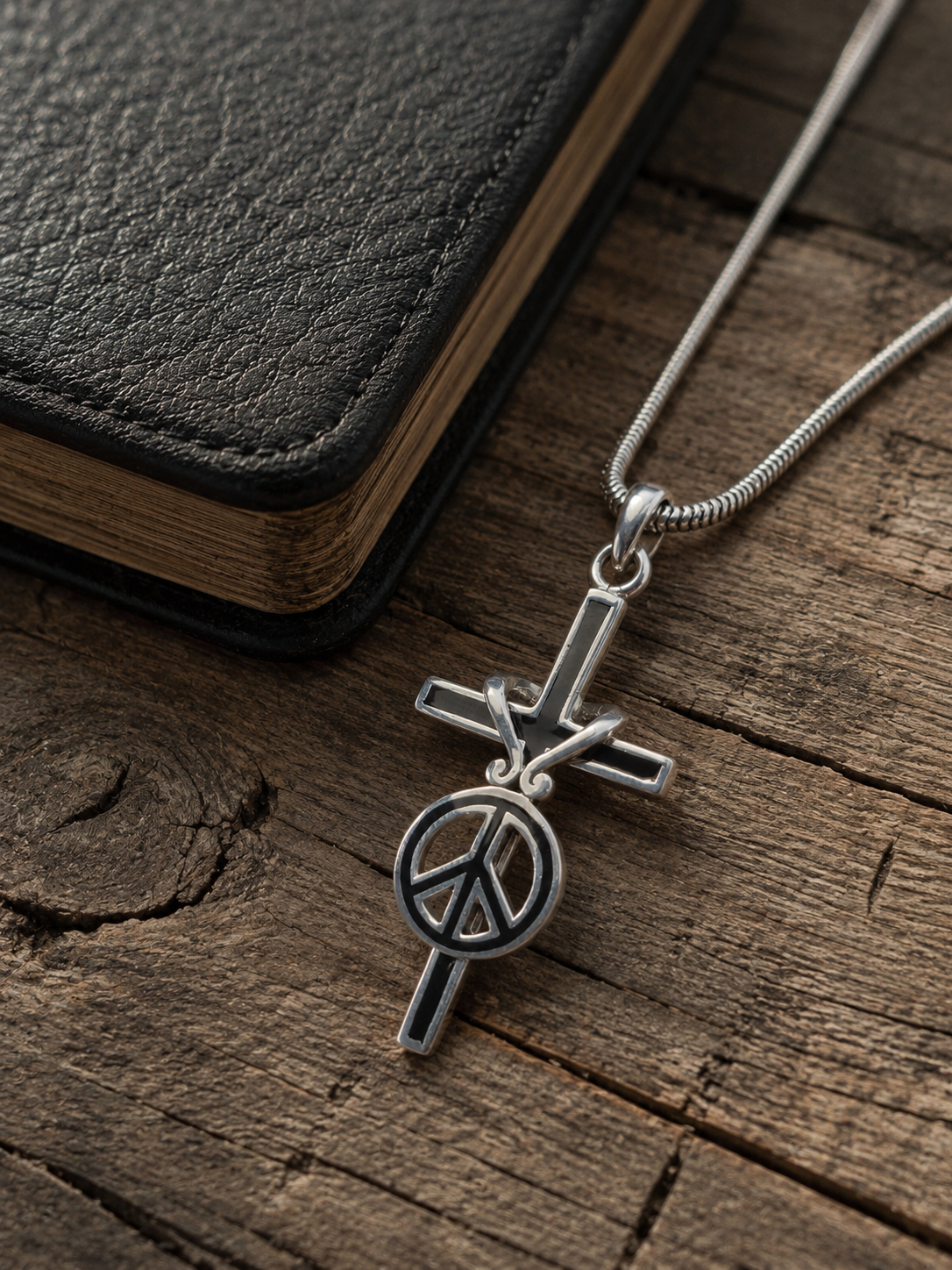 Sterling Silver Cross & Peace Pendant  | Solid 925 Silver with Black Onyx Inlay