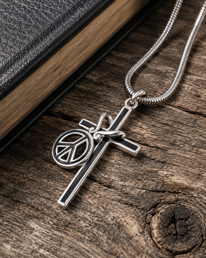 Sterling Silver Cross & Peace Pendant  | Solid 925 Silver with Black Onyx Inlay