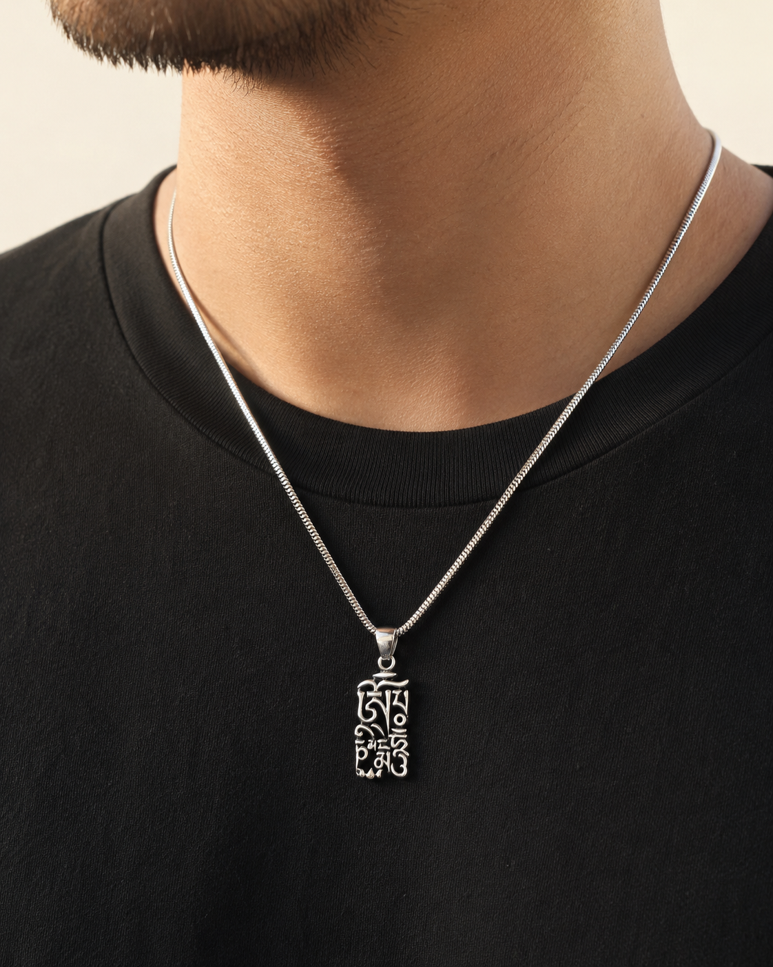 Solid Sterling Silver Om Mani Padme Hum Script Pendant | Buddhist Mantra Jewelry