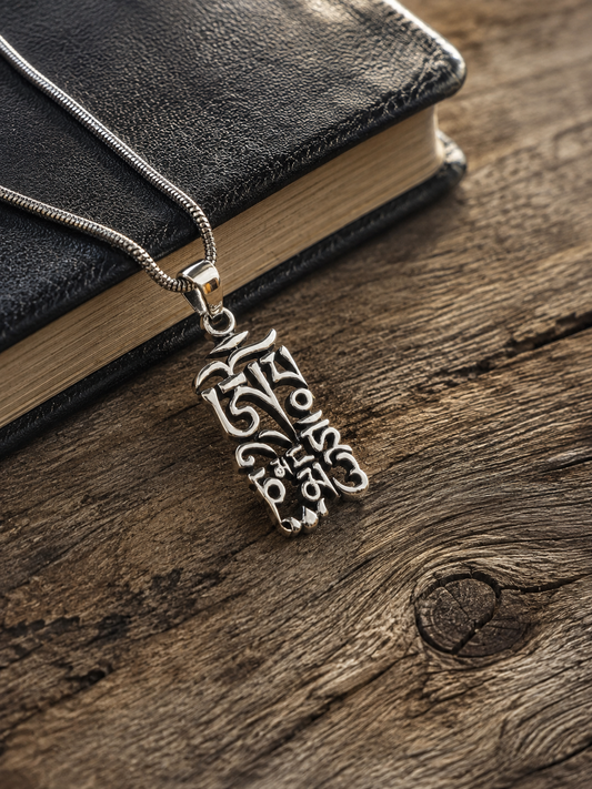 Solid Sterling Silver Om Mani Padme Hum Script Pendant | Buddhist Mantra Jewelry