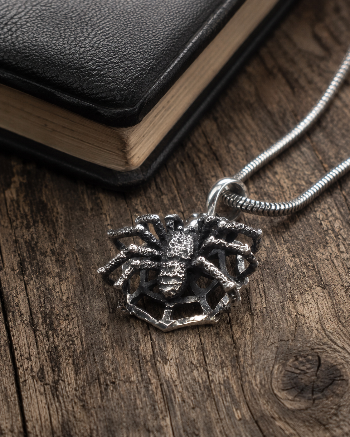Solid Sterling Silver Spider Web Pendant, Gothic Spider Jewelry