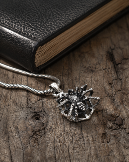 Solid Sterling Silver Spider Web Pendant, Gothic Spider Jewelry