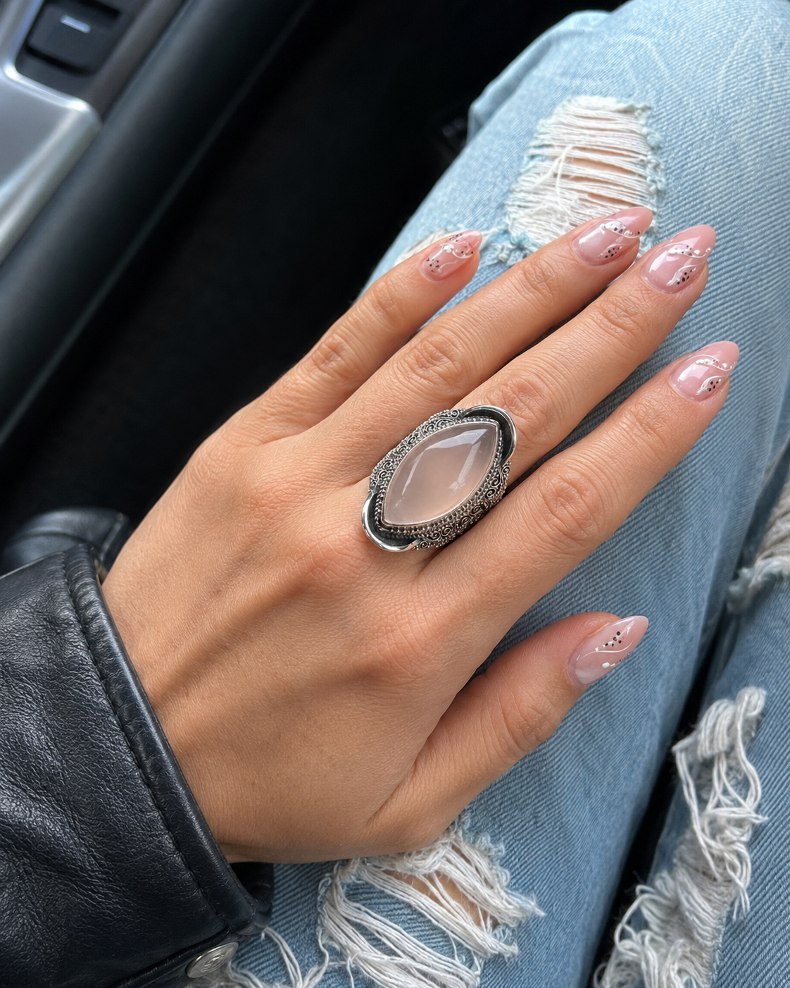 Solid Sterling Silver Rose Quartz Ring – Heavy Marquise Cabochon Adjustable Statement Ring