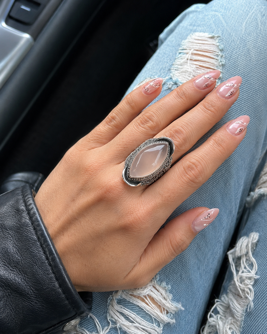 Solid Sterling Silver Rose Quartz Ring – Heavy Marquise Cabochon Adjustable Statement Ring