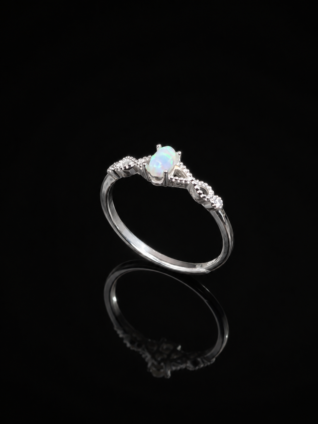 Sterling Silver Opal Ring, Adjustable Dainty CZ Side Stone Ring, October Birthstone Jewelry, Promise Ring Gift for Her