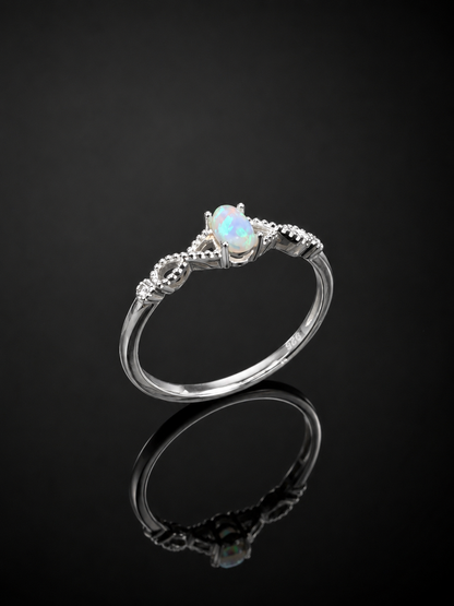 Sterling Silver Opal Ring, Adjustable Dainty CZ Side Stone Ring, October Birthstone Jewelry, Promise Ring Gift for Her