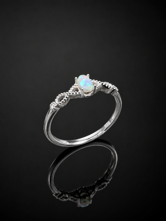 Sterling Silver Opal Ring, Adjustable Dainty CZ Side Stone Ring, October Birthstone Jewelry, Promise Ring Gift for Her