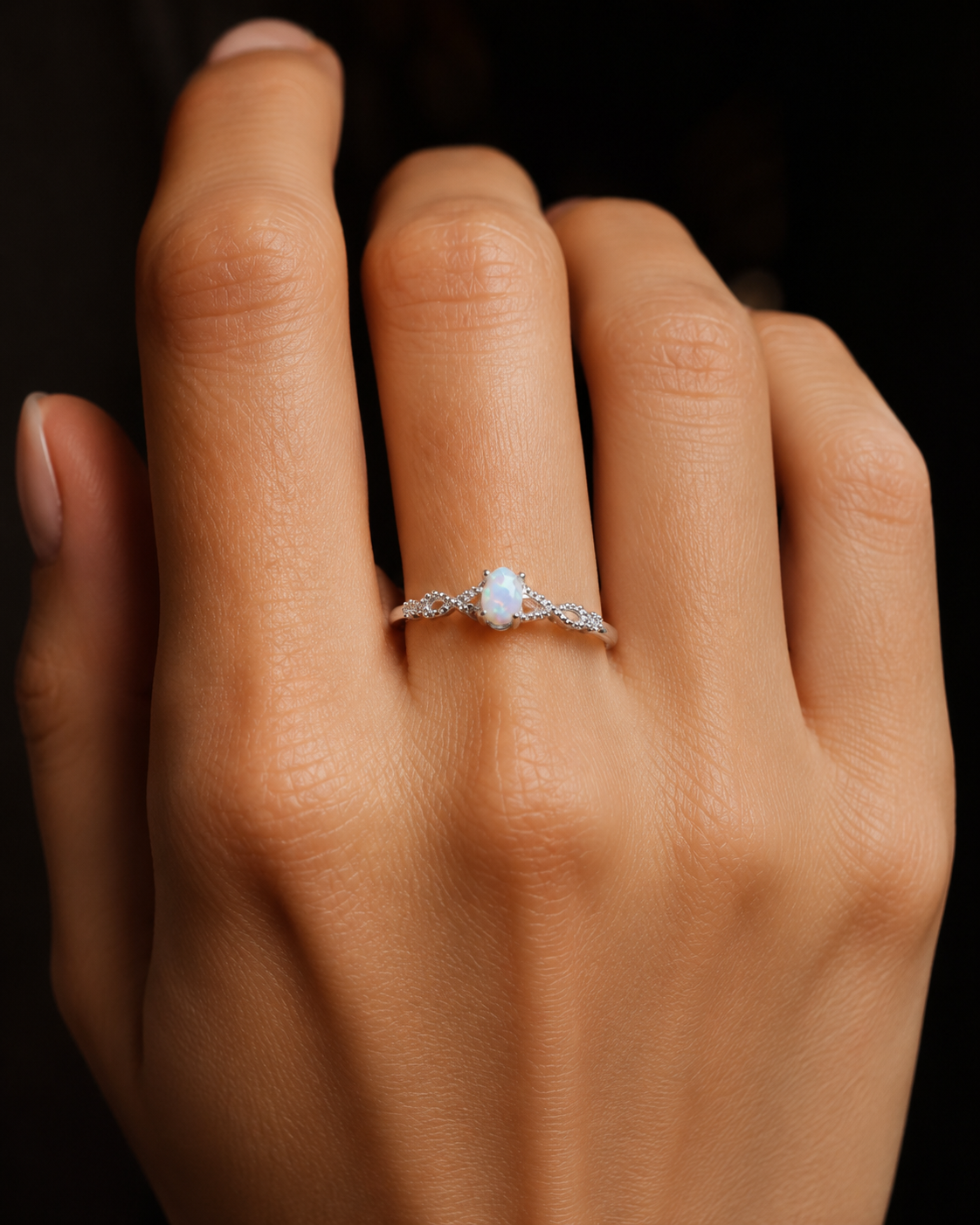 Sterling Silver Opal Ring, Adjustable Dainty CZ Side Stone Ring, October Birthstone Jewelry, Promise Ring Gift for Her