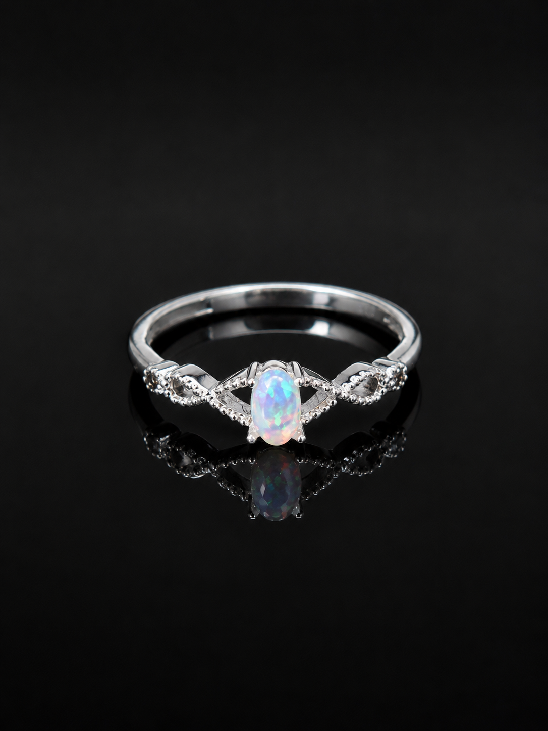 Sterling Silver Opal Ring, Adjustable Dainty CZ Side Stone Ring, October Birthstone Jewelry, Promise Ring Gift for Her