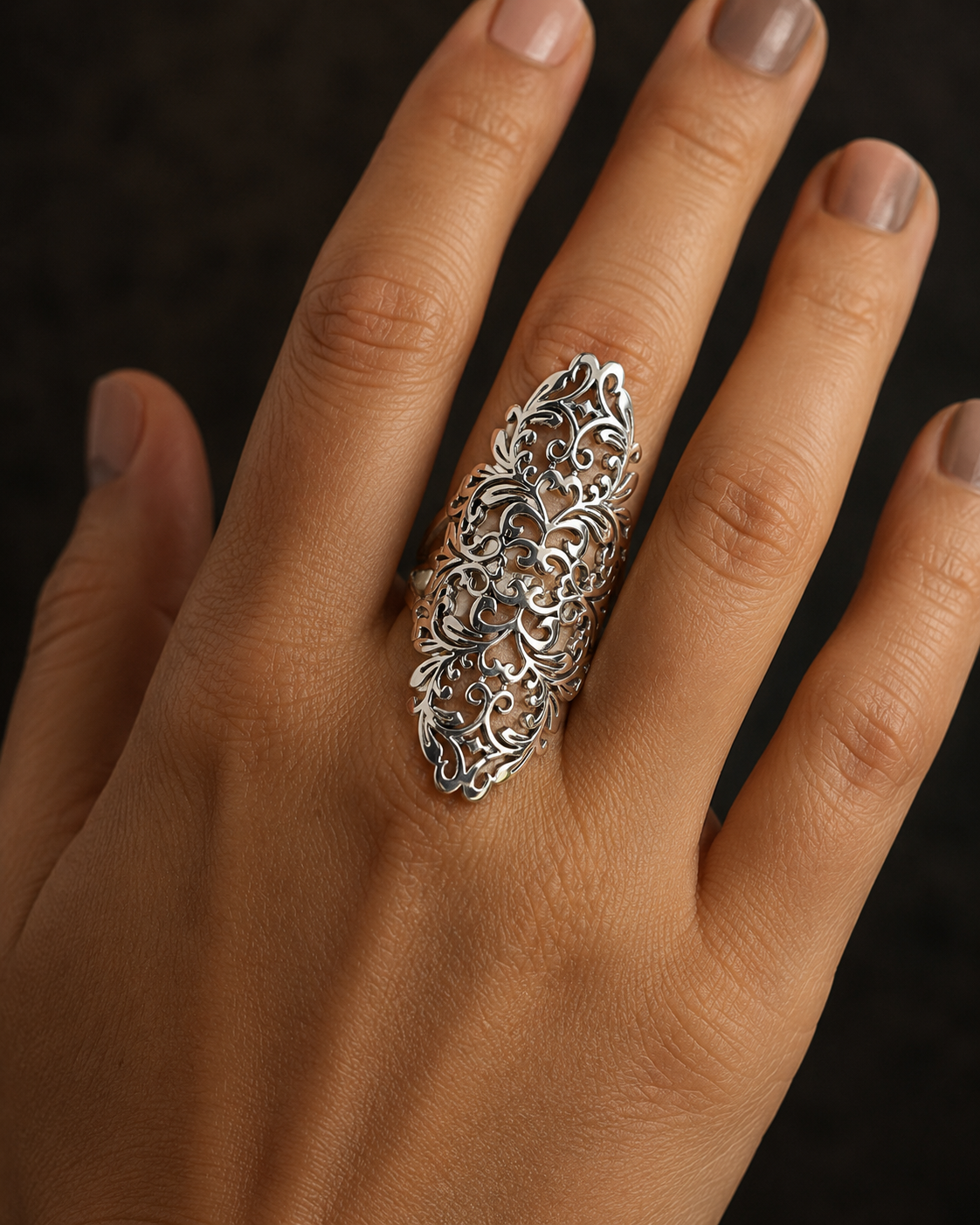 Sterling Silver Filigree Statement Ring – Long Adjustable Boho Floral Lace Ring