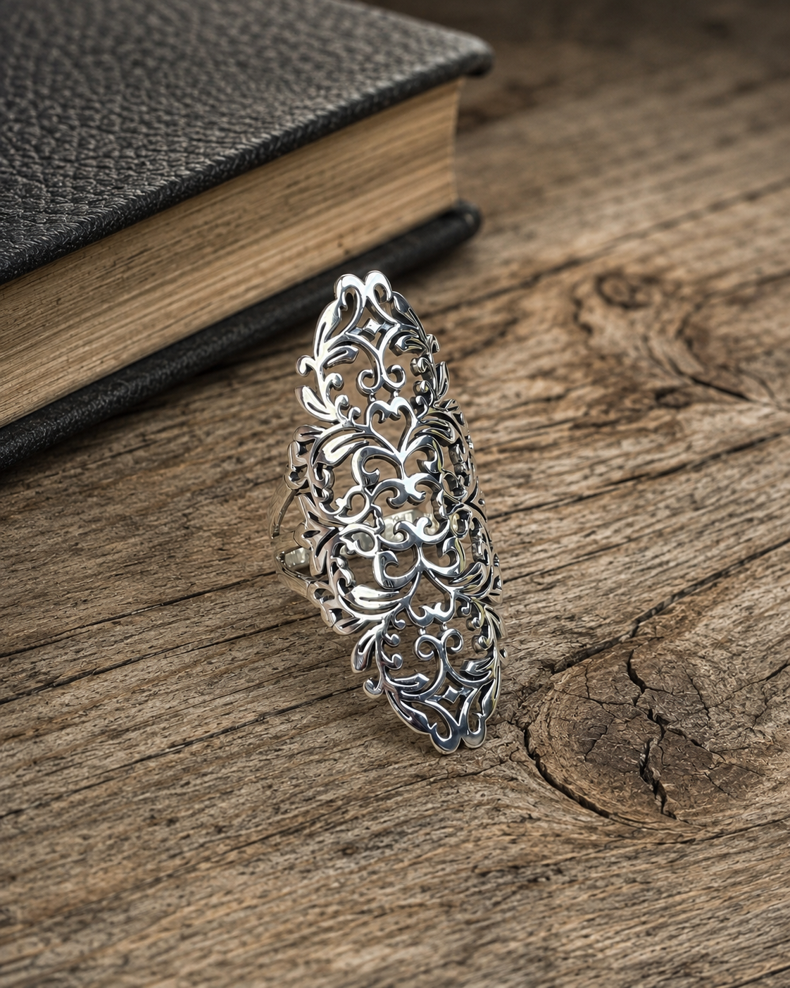 Sterling Silver Filigree Statement Ring – Long Adjustable Boho Floral Lace Ring
