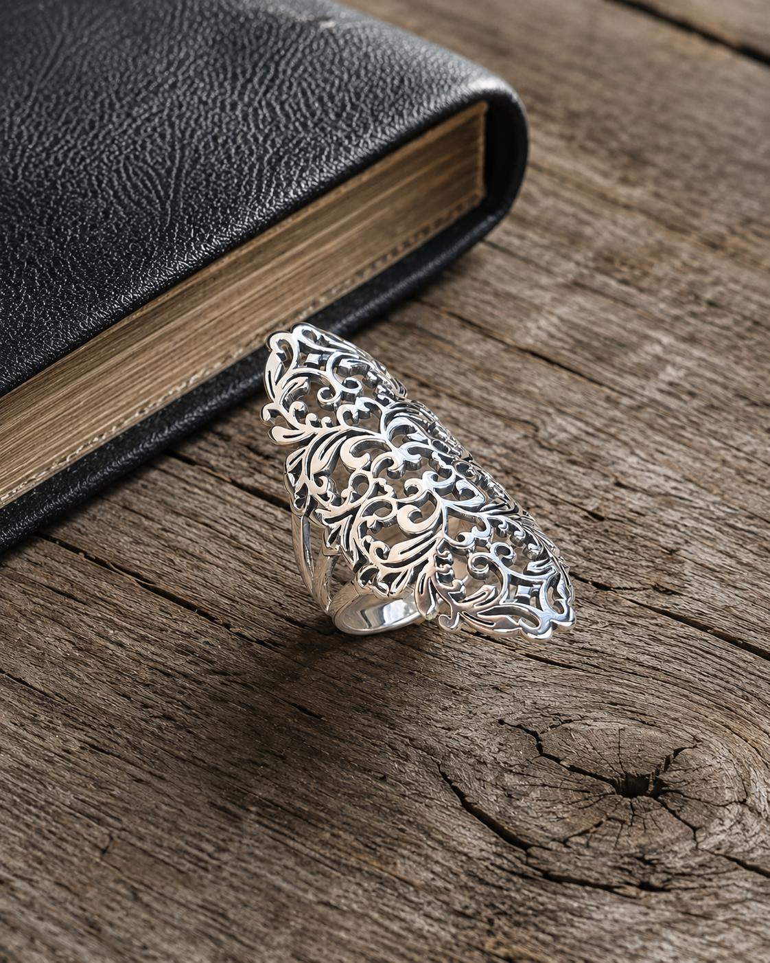 Sterling Silver Filigree Statement Ring – Long Adjustable Boho Floral Lace Ring
