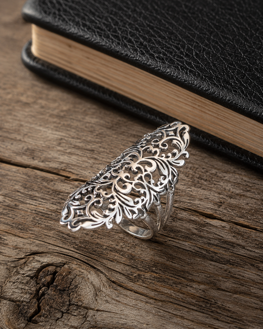 Sterling Silver Filigree Statement Ring – Long Adjustable Boho Floral Lace Ring