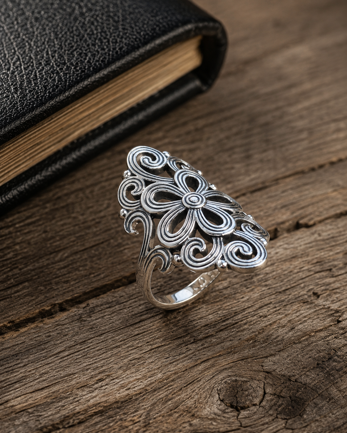Sterling Silver Filigree Flower Ring – Boho Statement Ring