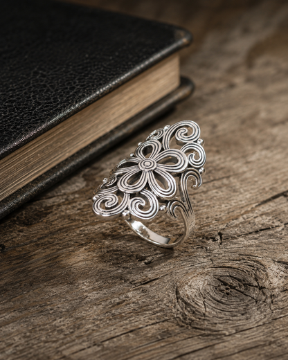 Sterling Silver Filigree Flower Ring – Boho Statement Ring