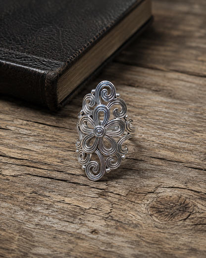 Sterling Silver Filigree Flower Ring – Boho Statement Ring