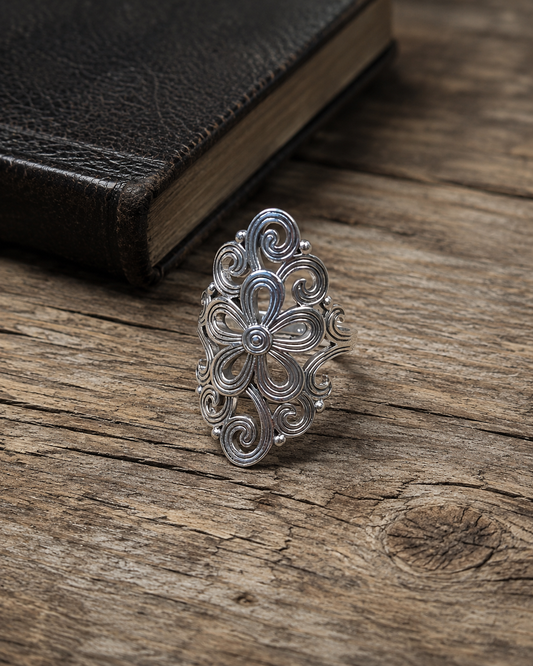 Sterling Silver Filigree Flower Ring – Boho Statement Ring