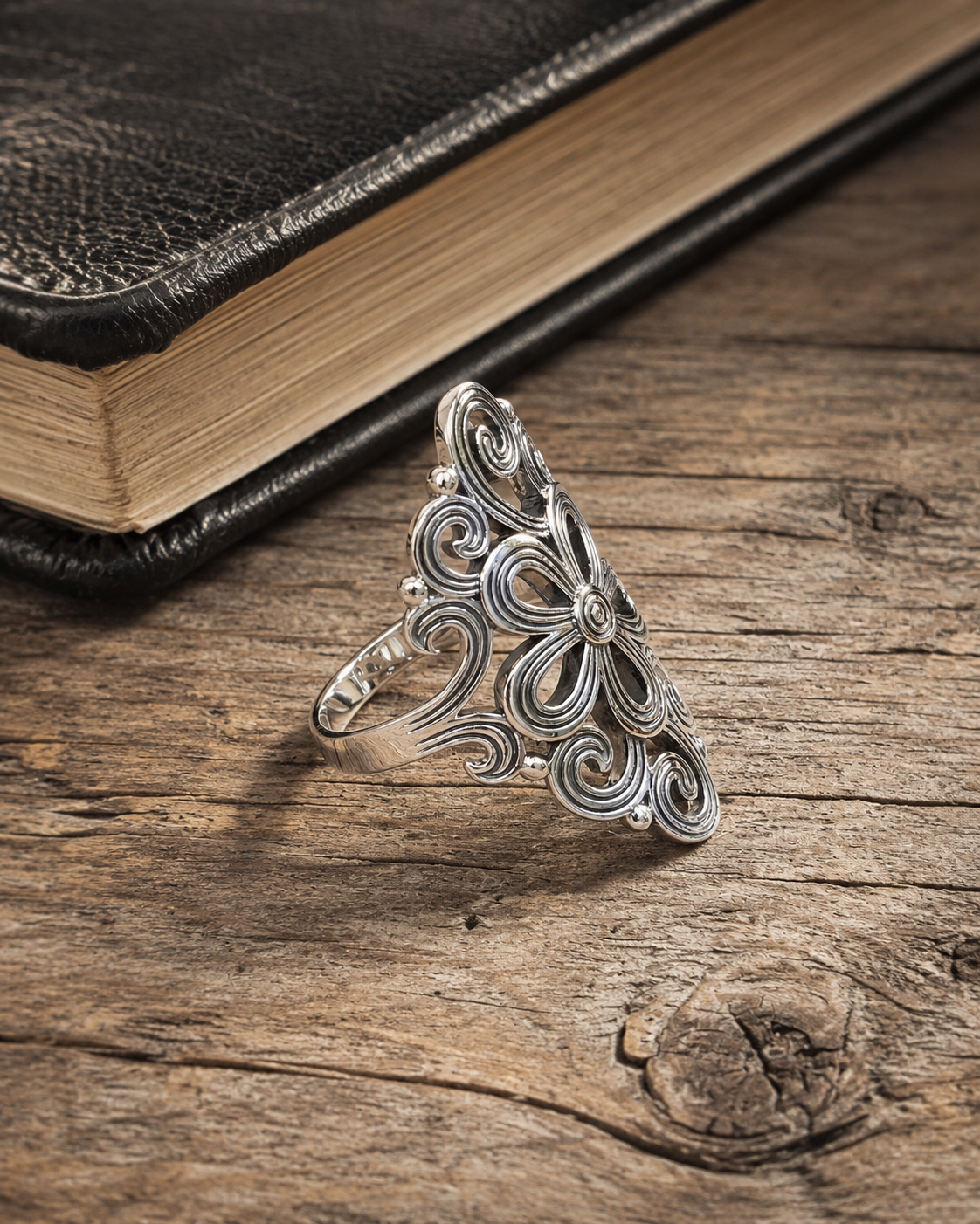 Sterling Silver Filigree Flower Ring – Boho Statement Ring