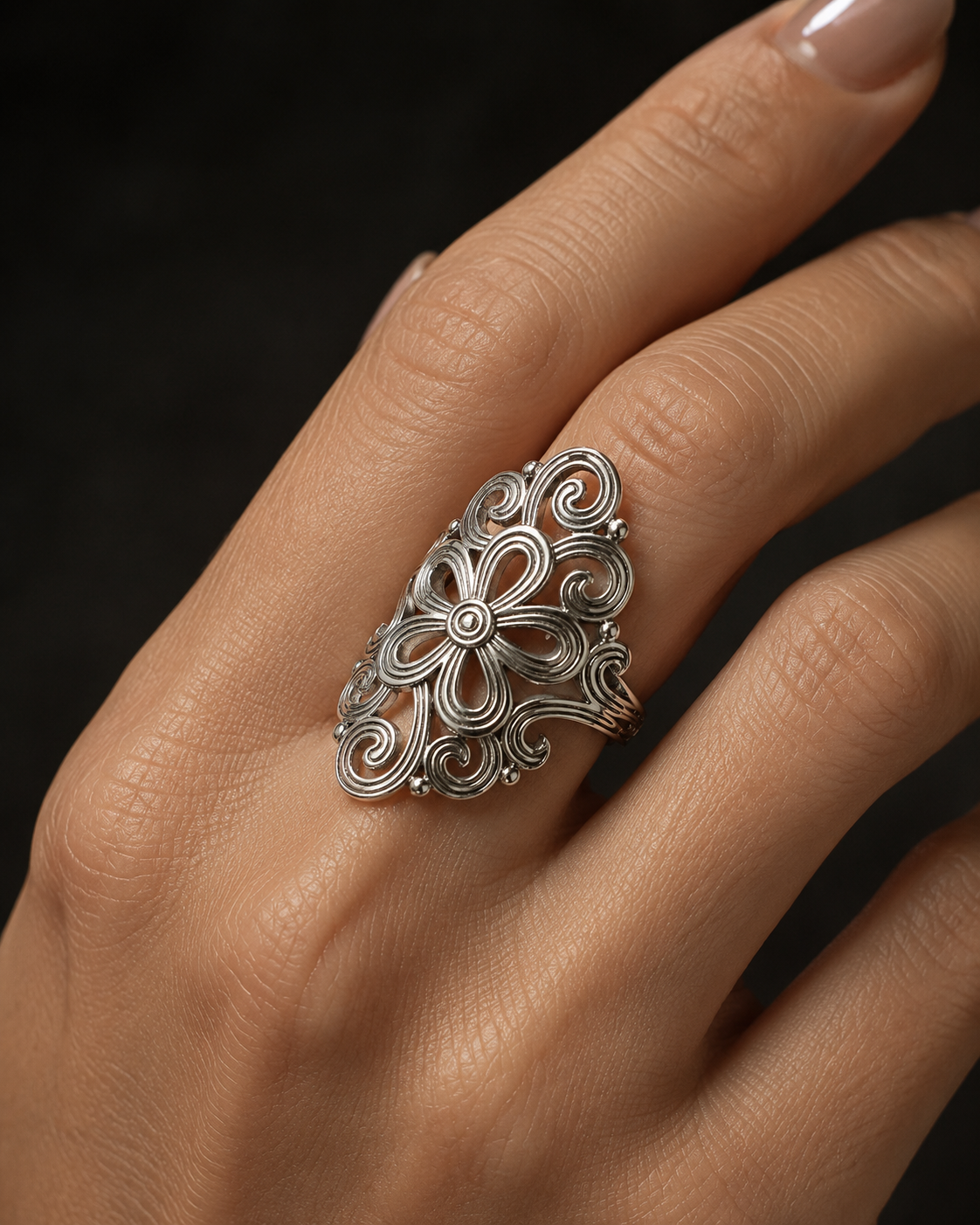 Sterling Silver Filigree Flower Ring – Boho Statement Ring