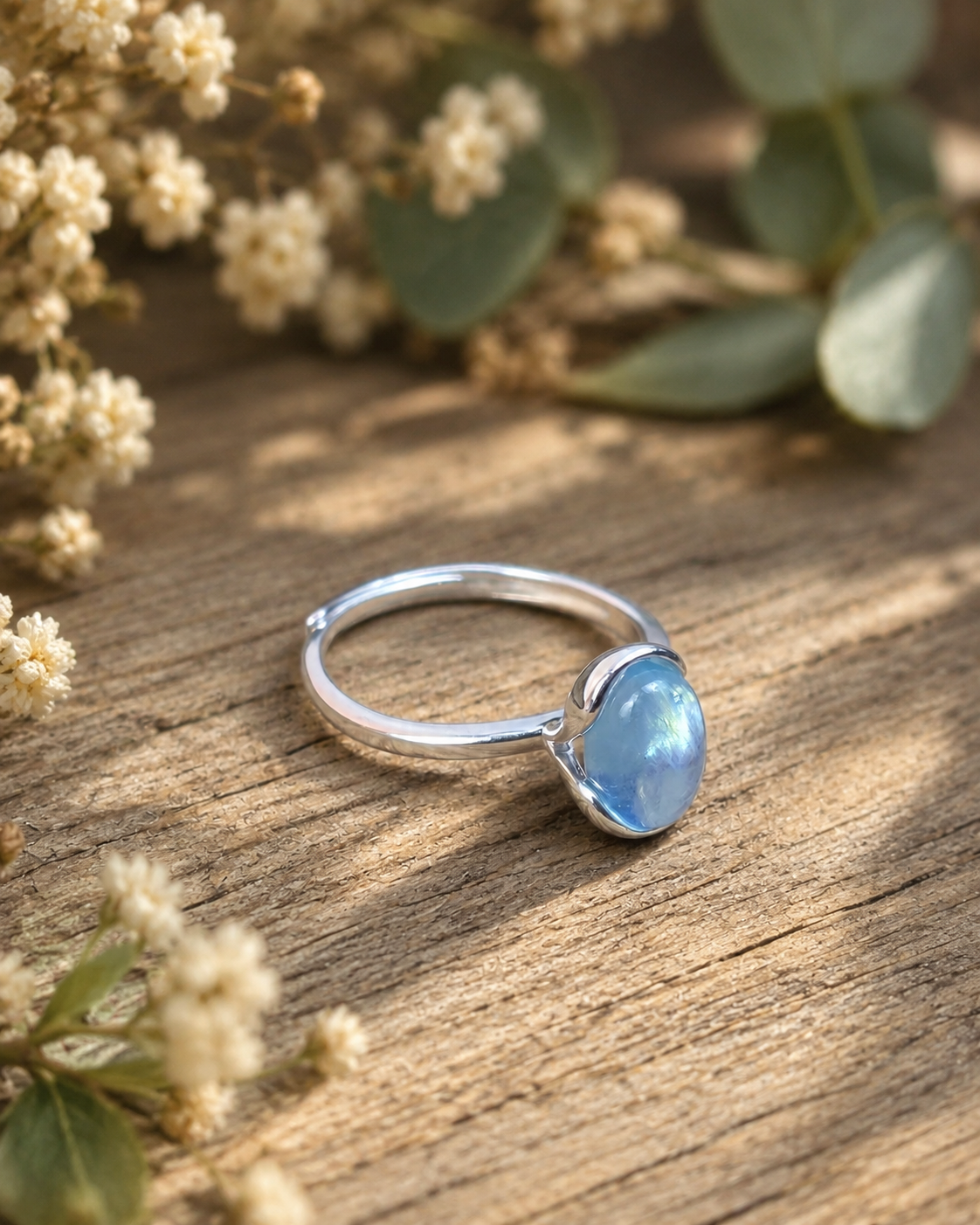 Aquamarine Sterling Silver Ring – Blue Gemstone Cabochon Ring, Minimalist March Birthstone Jewelry