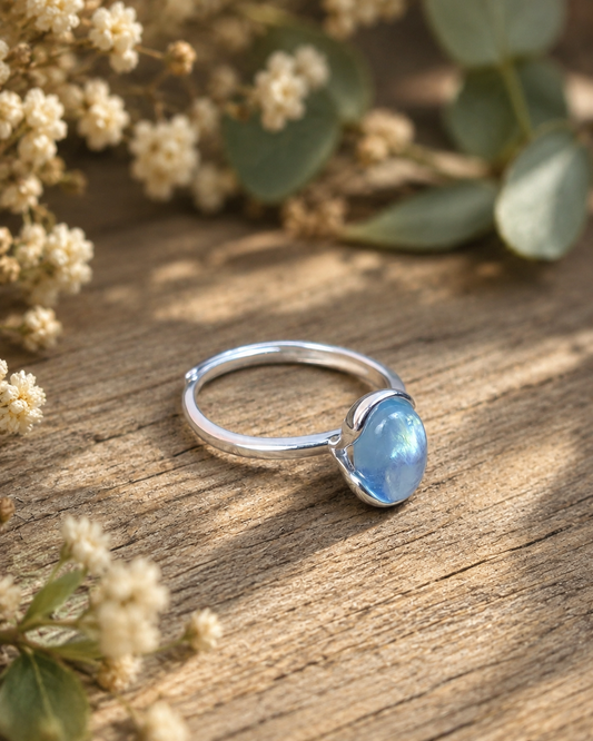 Aquamarine Sterling Silver Ring – Blue Gemstone Cabochon Ring, Minimalist March Birthstone Jewelry