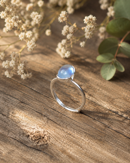 Aquamarine Sterling Silver Ring – Blue Gemstone Cabochon Ring, Minimalist March Birthstone Jewelry