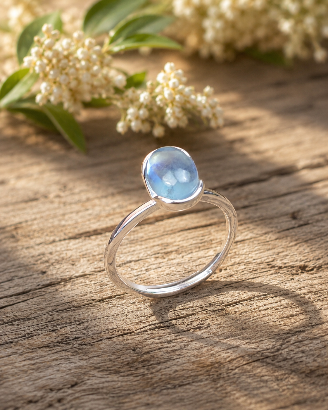 Aquamarine Sterling Silver Ring – Blue Gemstone Cabochon Ring, Minimalist March Birthstone Jewelry