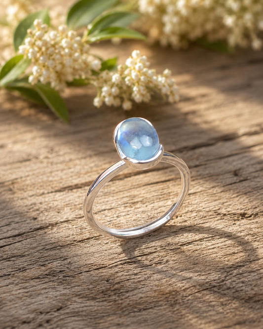 Aquamarine Sterling Silver Ring – Blue Gemstone Cabochon Ring, Minimalist March Birthstone Jewelry