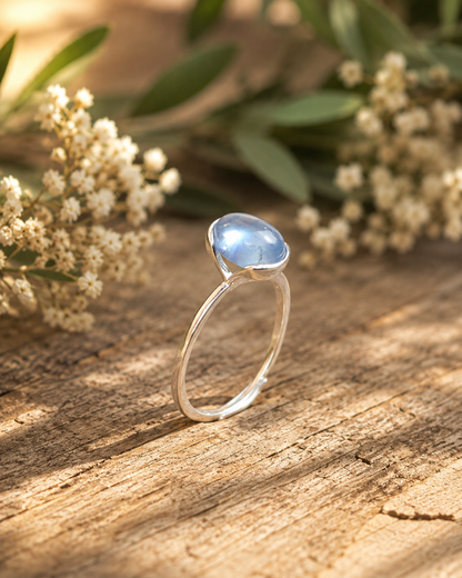 Aquamarine Sterling Silver Ring – Blue Gemstone Cabochon Ring, Minimalist March Birthstone Jewelry