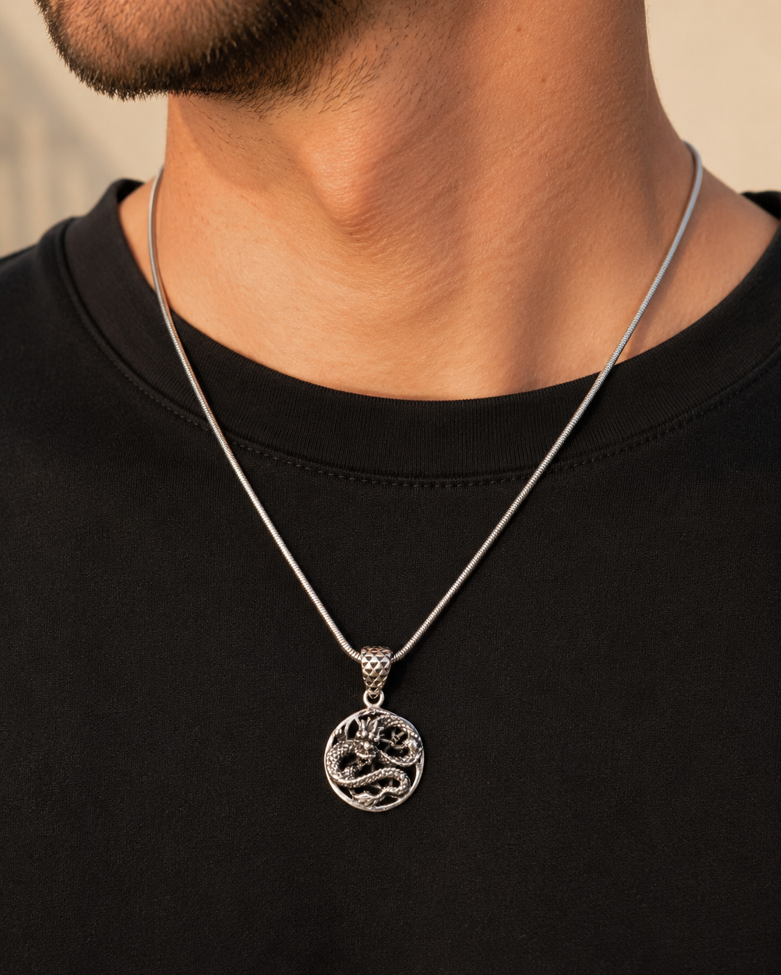 Solid Sterling Silver Dragon Pendant  – Detailed Asian Dragon Medallion Charm