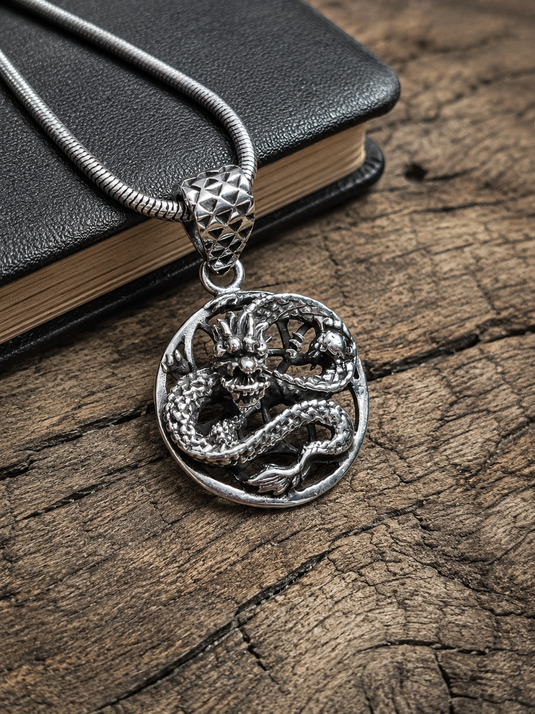 Solid Sterling Silver Dragon Pendant  – Detailed Asian Dragon Medallion Charm