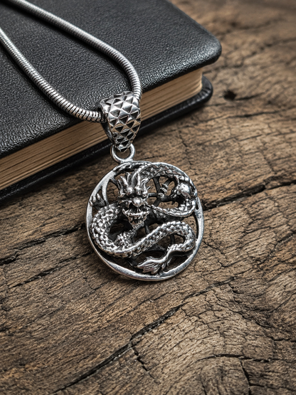 Solid Sterling Silver Dragon Pendant  – Detailed Asian Dragon Medallion Charm
