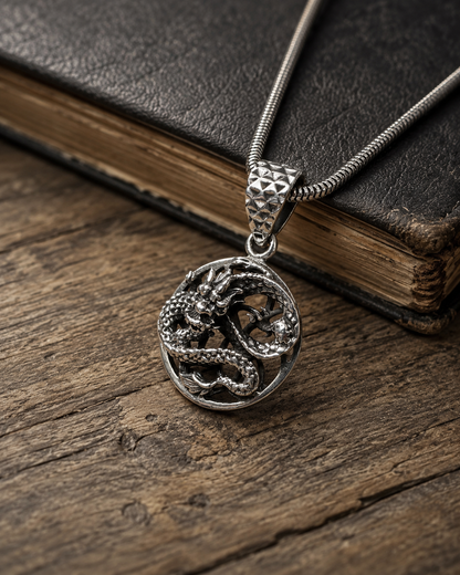 Solid Sterling Silver Dragon Pendant  – Detailed Asian Dragon Medallion Charm
