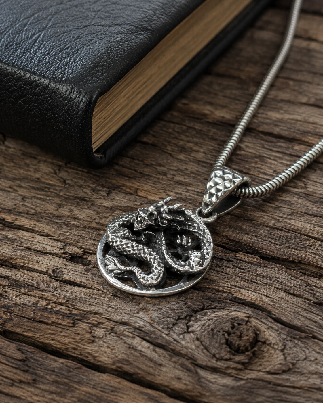 Solid Sterling Silver Dragon Pendant  – Detailed Asian Dragon Medallion Charm