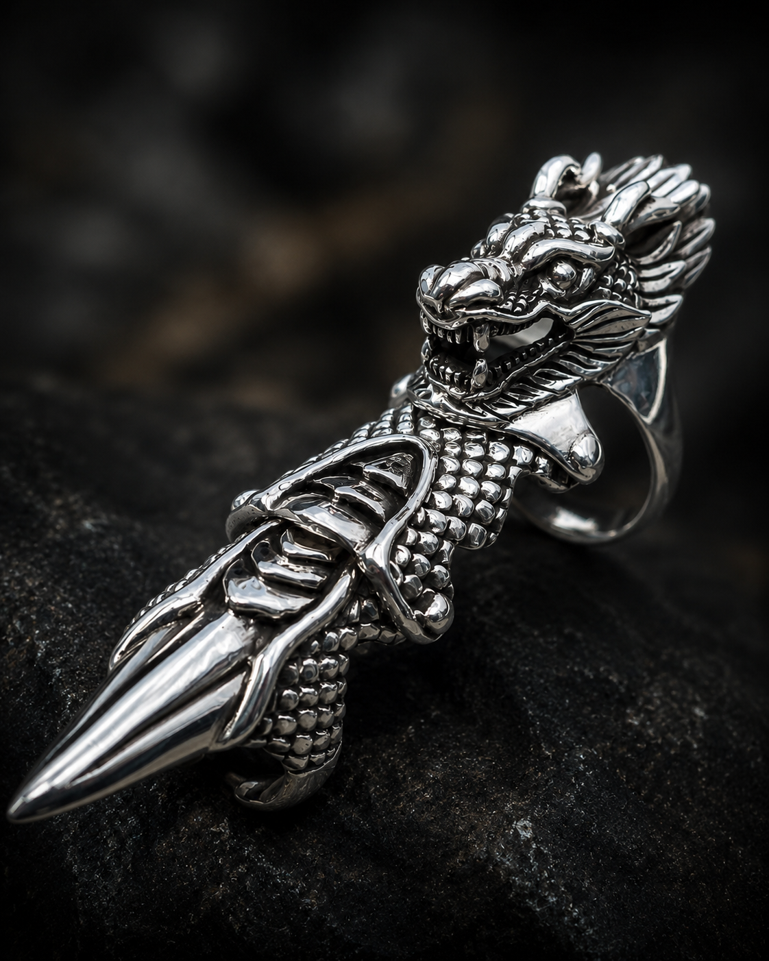 Solid Sterling Silver Dragon Armour Ring – Heavy 925 Silver Articulated Claw Statement Ring