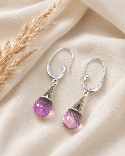 Sterling Silver Purple Amethyst Teardrop Earrings, Faceted Gemstone Dangle Hook Earrings