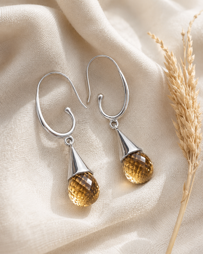 Sterling Silver Citrine Teardrop Earrings, Faceted Citrine Dangle Earrings