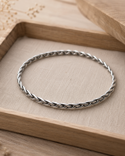 Sterling Silver 2mm Braided Bangle Bracelet | Minimal Woven Silver Stackable Bracelet