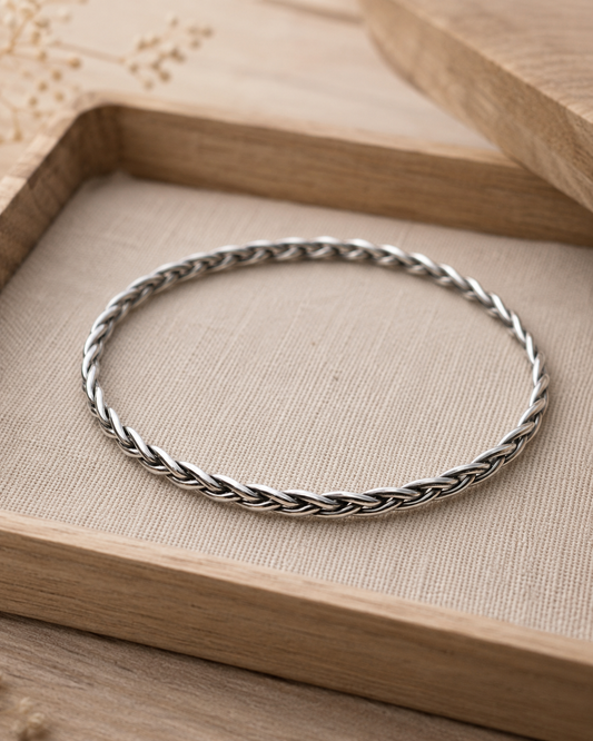Sterling Silver 2mm Braided Bangle Bracelet | Minimal Woven Silver Stackable Bracelet
