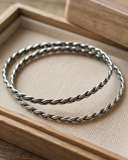 Sterling Silver 2mm Braided Bangle Bracelet | Minimal Woven Silver Stackable Bracelet