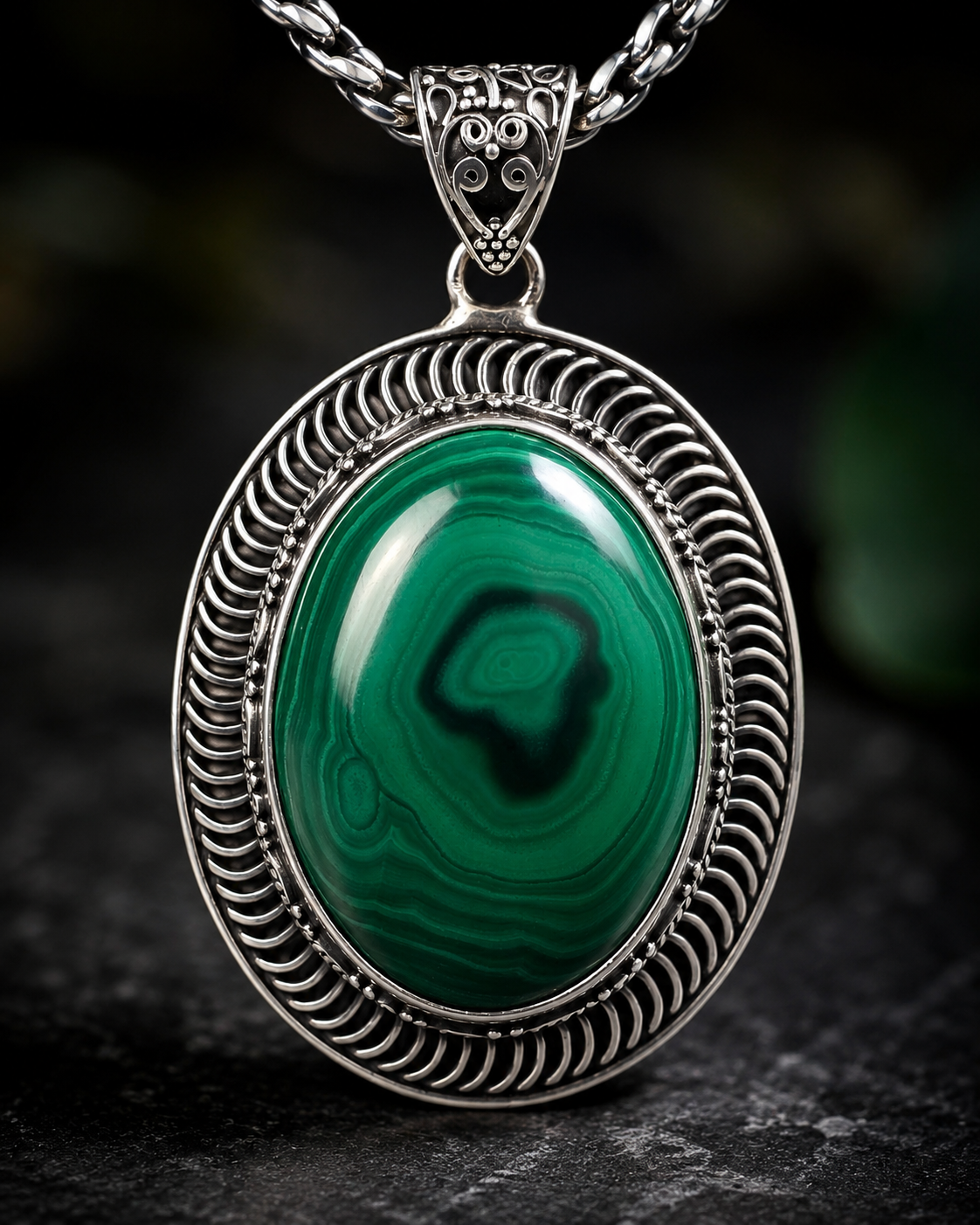 Sterling Silver Malachite Pendant – Oval Green Gemstone Statement Pendant
