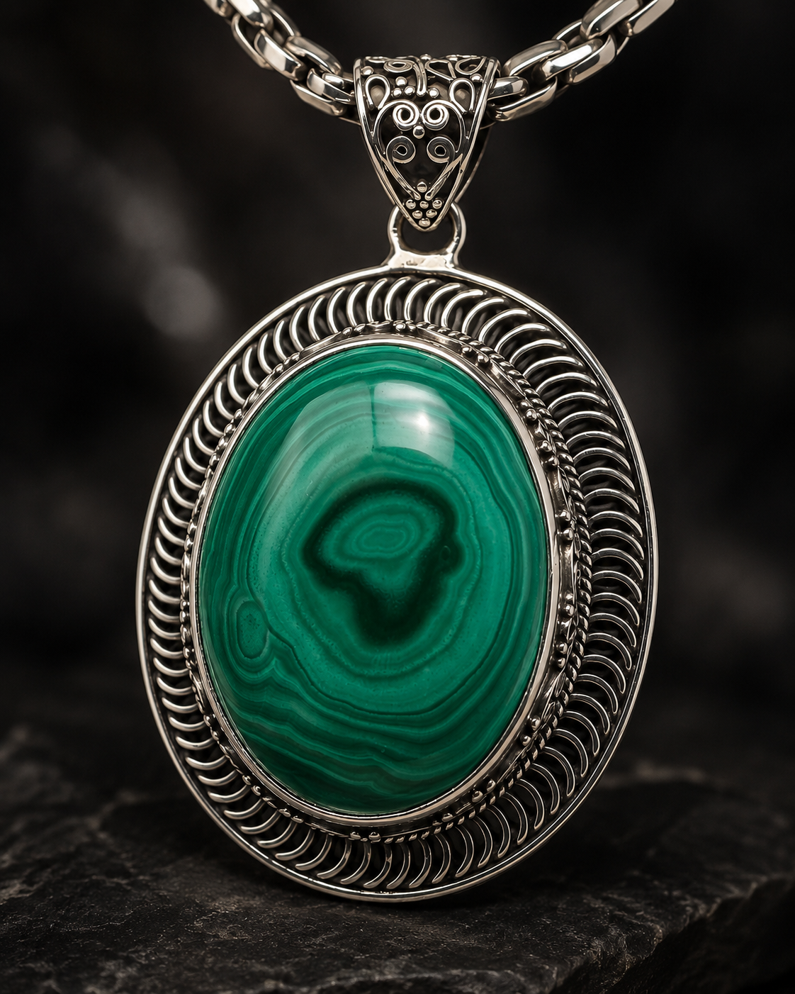 Sterling Silver Malachite Pendant – Oval Green Gemstone Statement Pendant