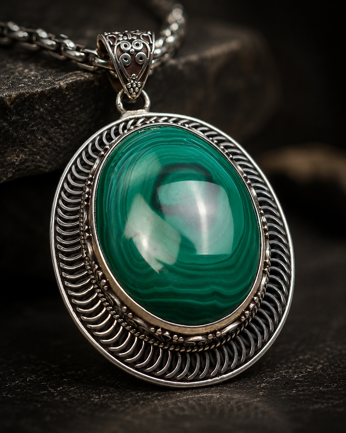 Sterling Silver Malachite Pendant – Oval Green Gemstone Statement Pendant