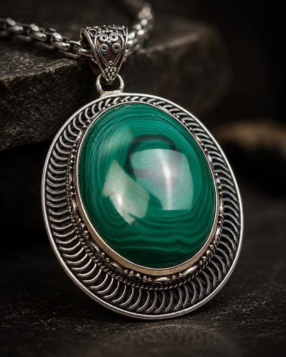 Sterling Silver Malachite Pendant – Oval Green Gemstone Statement Pendant