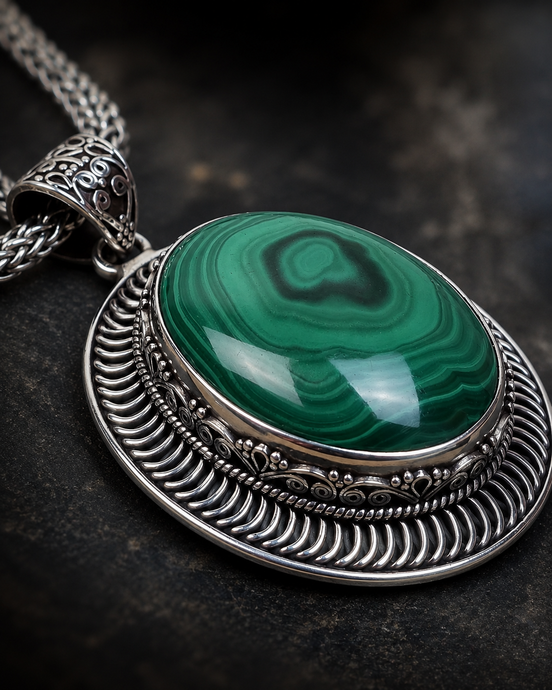 Sterling Silver Malachite Pendant – Oval Green Gemstone Statement Pendant