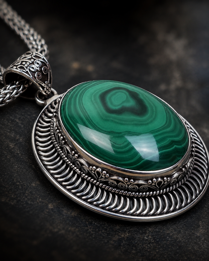 Sterling Silver Malachite Pendant – Oval Green Gemstone Statement Pendant